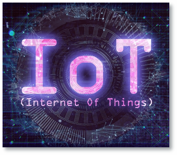 Imagen con motivos electrónicos y las letras IoT e Internet of Things escritas sobre ello. Todo en tonos azul oscuro y morado.