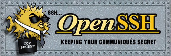 Logotipo de OpenSSH, donde se ve un pez globo (que tiene pinchos) con corbata y un maletín negro con las palabras "top secret". En el logo se lee: "Keeping your communiqués secret".